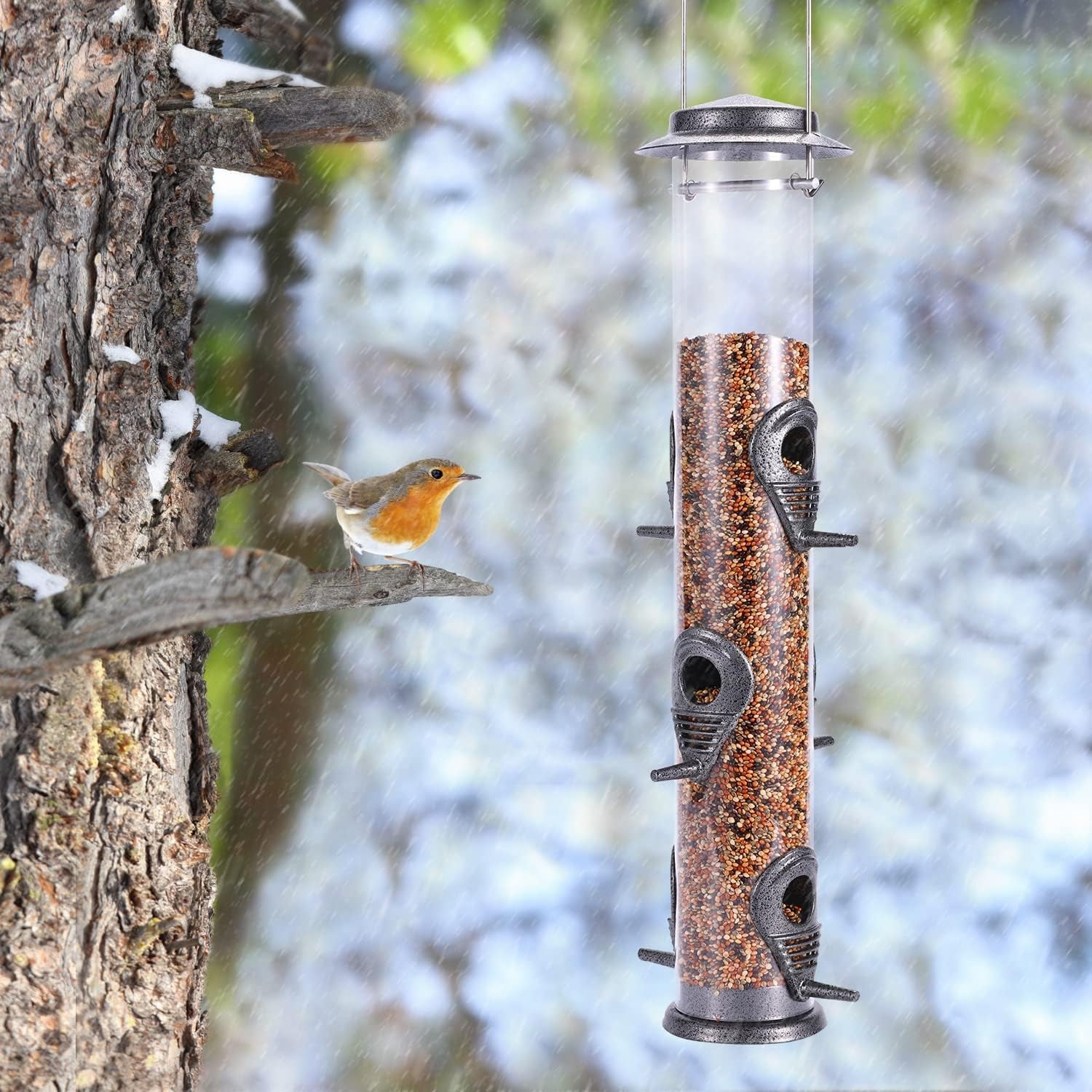 1PK Metal Bird Feeders with 6 Feeding Ports,Tube Bird Feeder with Steel Hanger,Hard Plastic Wild Bird Feeder for Outdoors Hanging, Attracting Birds in Your Lawn, Garden, Balcony-Grey