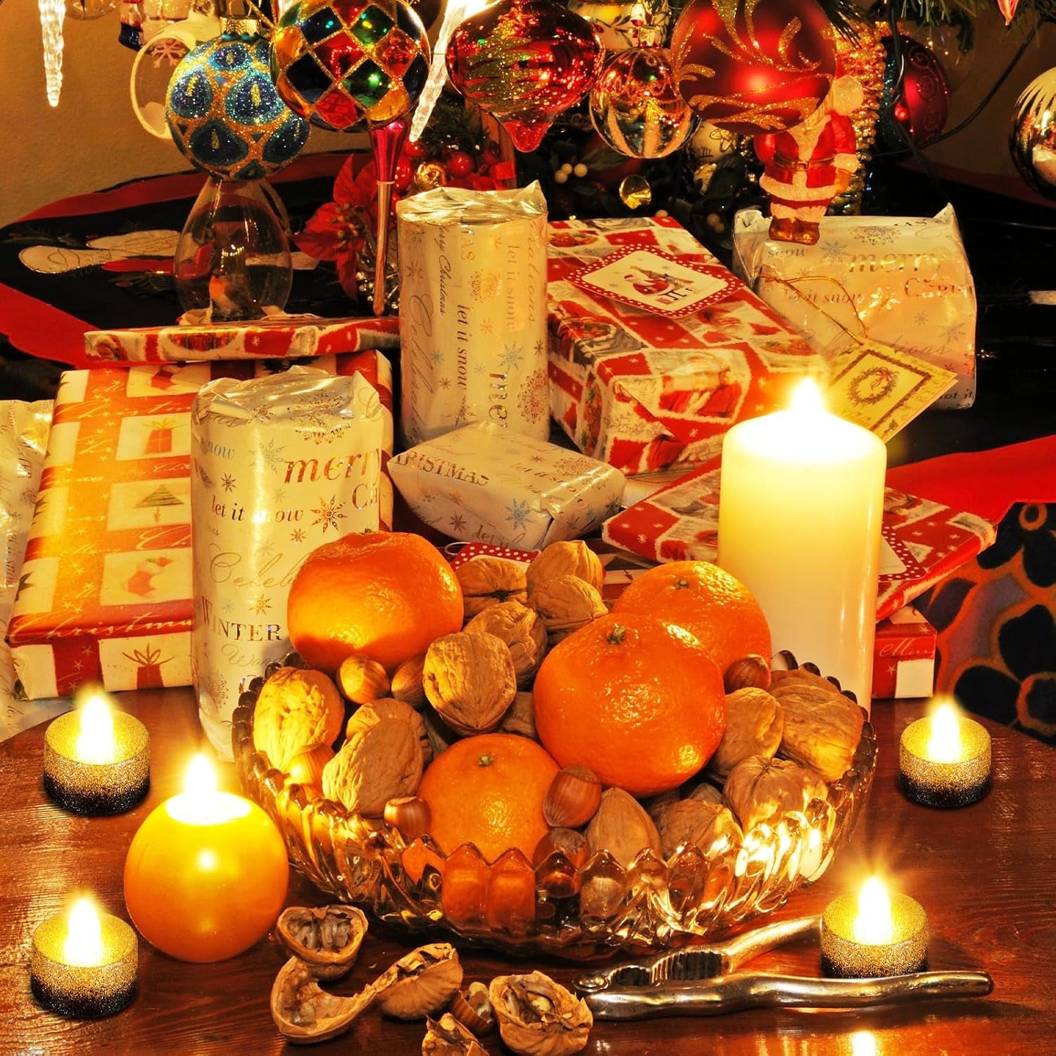 48 Pcs Flameless LED Tea Lights Gold Black Glitter Electric Fake Candles for Centerpieces Battery Operated Anniversary Decorations Romantic Winter Decor for Wedding Festival Christmas Birthday