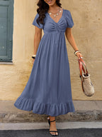 Womens Summer Dresses 2026 Wedding Guest Maxi Dress | Short Sleeve, V Neck, Drawstring,A-Line,Loose Fit,Solid,Cocktail,Party,Boho Beach Long Dress,Prom,Beach Vacation Clothes