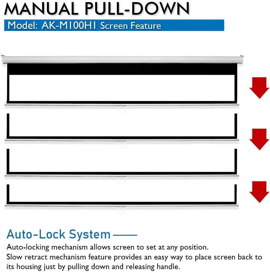 100 Inch Projector Screen Pull down Manual B 16:9 8K 4K HD 3D Ceiling Wall Mount White Portable Projection Screen Retractable Auto Locking for Indoor Movie Home Theater Office AK-M100H1