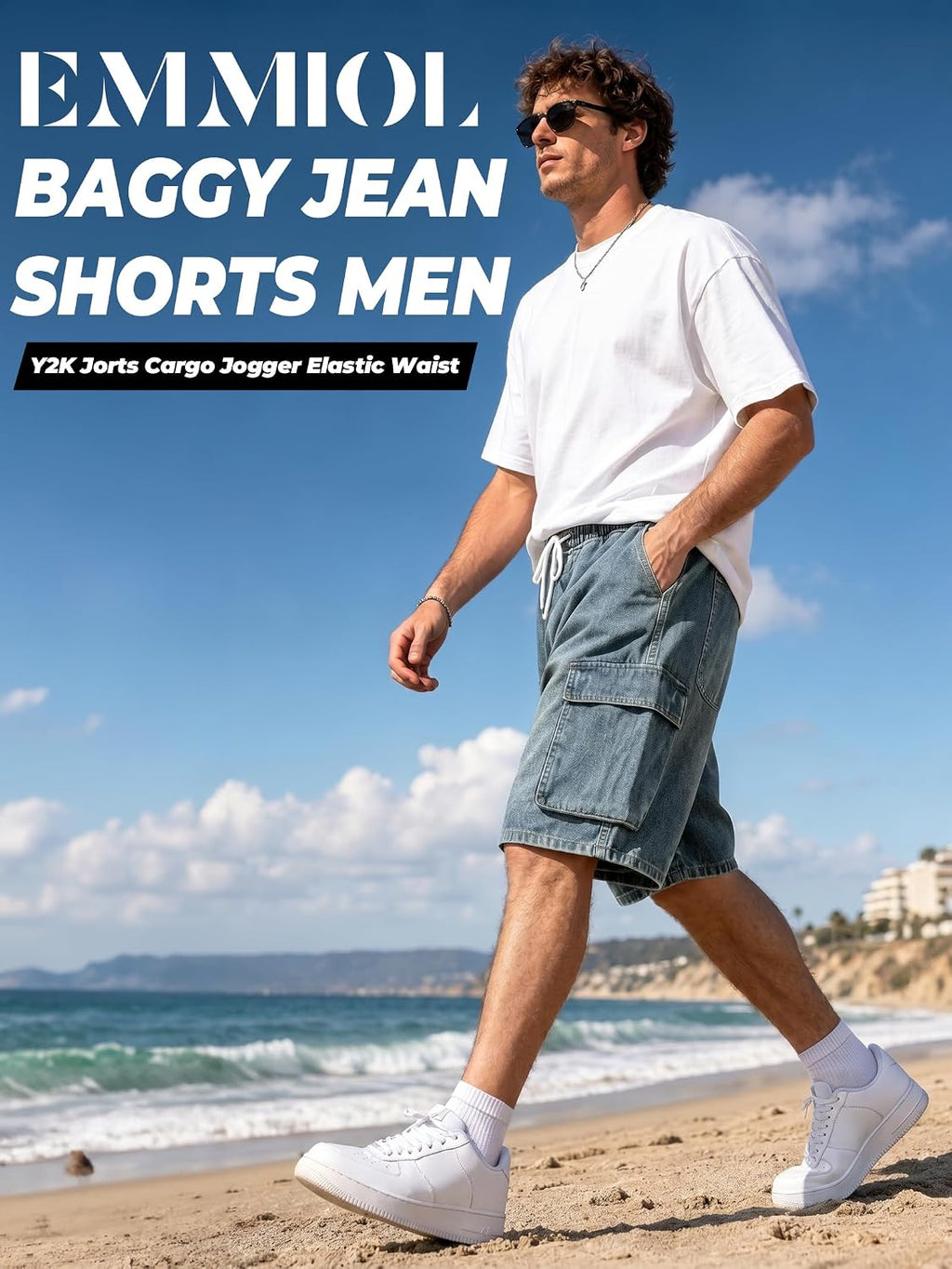 Baggy Jean Shorts Men, Y2K Jorts Cargo Ripped Elastic Waist, Mens Denim Shorts Comfy Casual Streetwear Summer