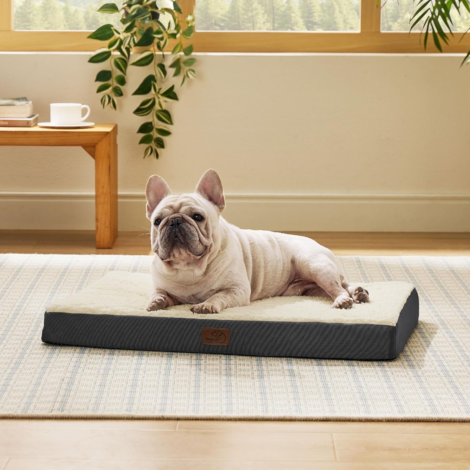 Bedsure Washable Dog Bed Medium Size Dog with Comfy Sherpa, 30X20In Grey | Orthopedic Egg Crate Foam,Comfort Support Flat Rectangle Pet Mat,Non-Slip Bottom,Removable Cover,For Medium Pet up to 30 Lbs