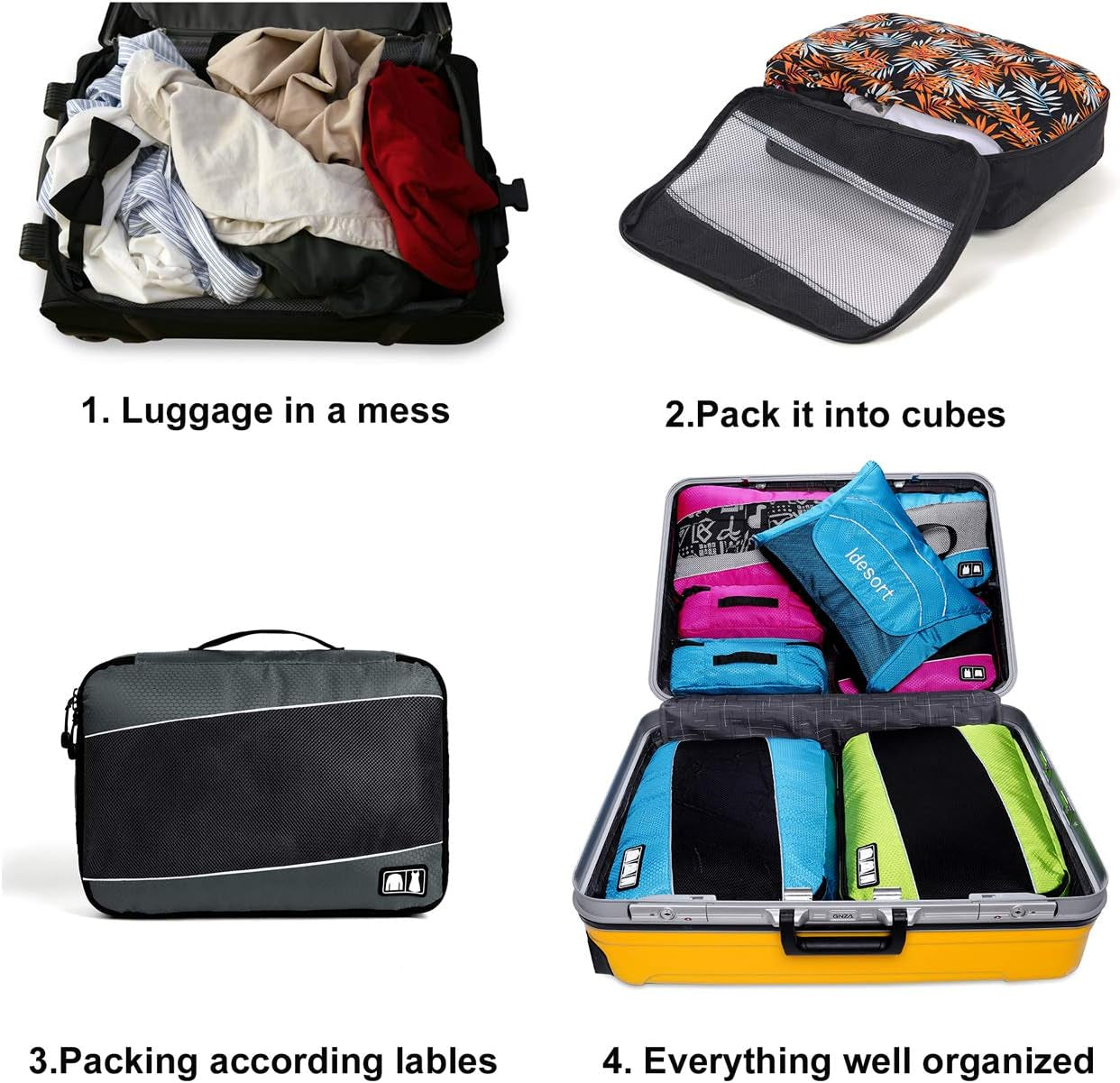 Packing Cubes Large Luggage Organizers Bags for Travel Organizing Clothes | Mixed Color 8 Set Suitable Family or Two-Person Trips; Breathable Mesh Make Easy to Sort; Durable and Convenient to Store