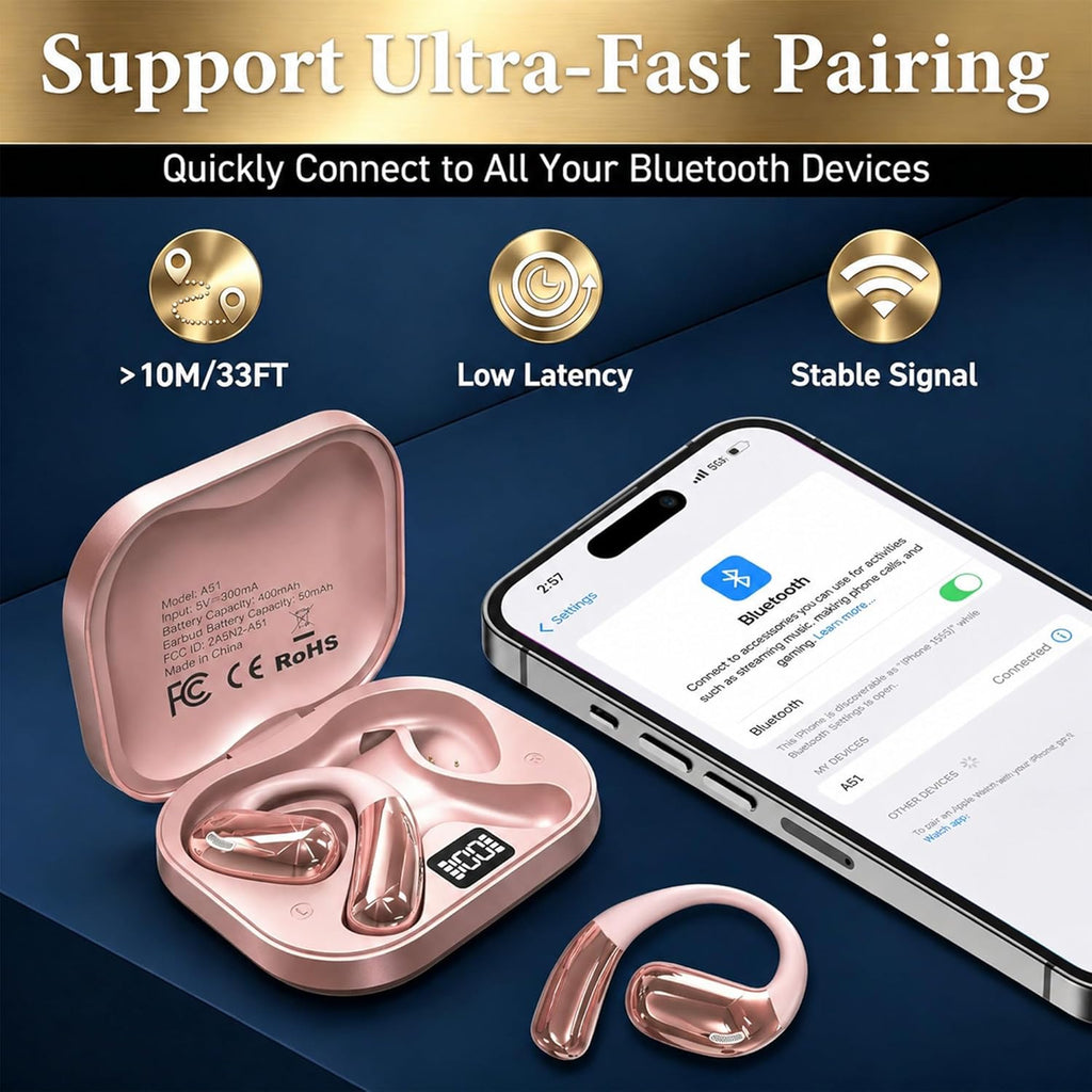 Open Ear Headphones, Wireless Headphones with Smart Digital Display & Mic, Open Ear Earbuds 35H Playtime, Sweat Resistant & Waterproof, Secure Comfortable Fit - Running, Sport, Daily (Rose Gold)