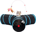 Pet Cat Tunnel Tube Toys 3 Way Collapsible, Tunnels for Indoor Cats, Interactive Tube with Teaser Wand, Peek Holes & Hanging Ball, Black & Blue