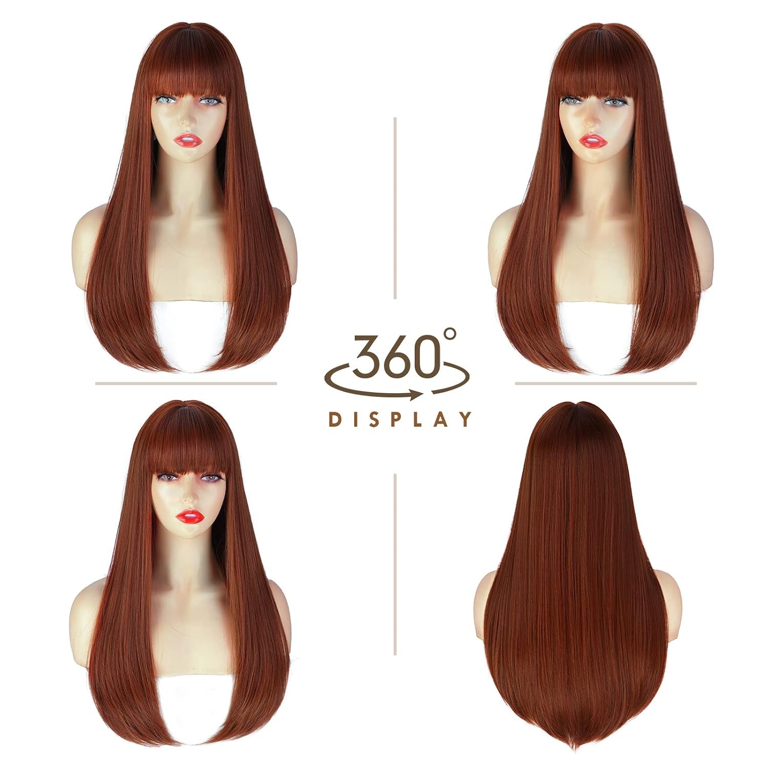 Auburn Wigs for Women Long Straight Wig with Bangs Reddish Brown Wig Colored Cosplay Wig Heat Resistant Synthetic Copper Red Wig for Daily Party Use 22 Inch