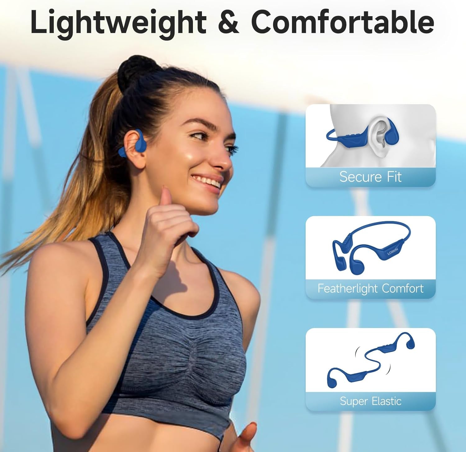 Bone Conduction Headphones Bluetooth 5.4, Open Ear Headphones with Mic, Wireless, 10H Playtime, IPX5 Waterproof Sports Headphones (Blue)