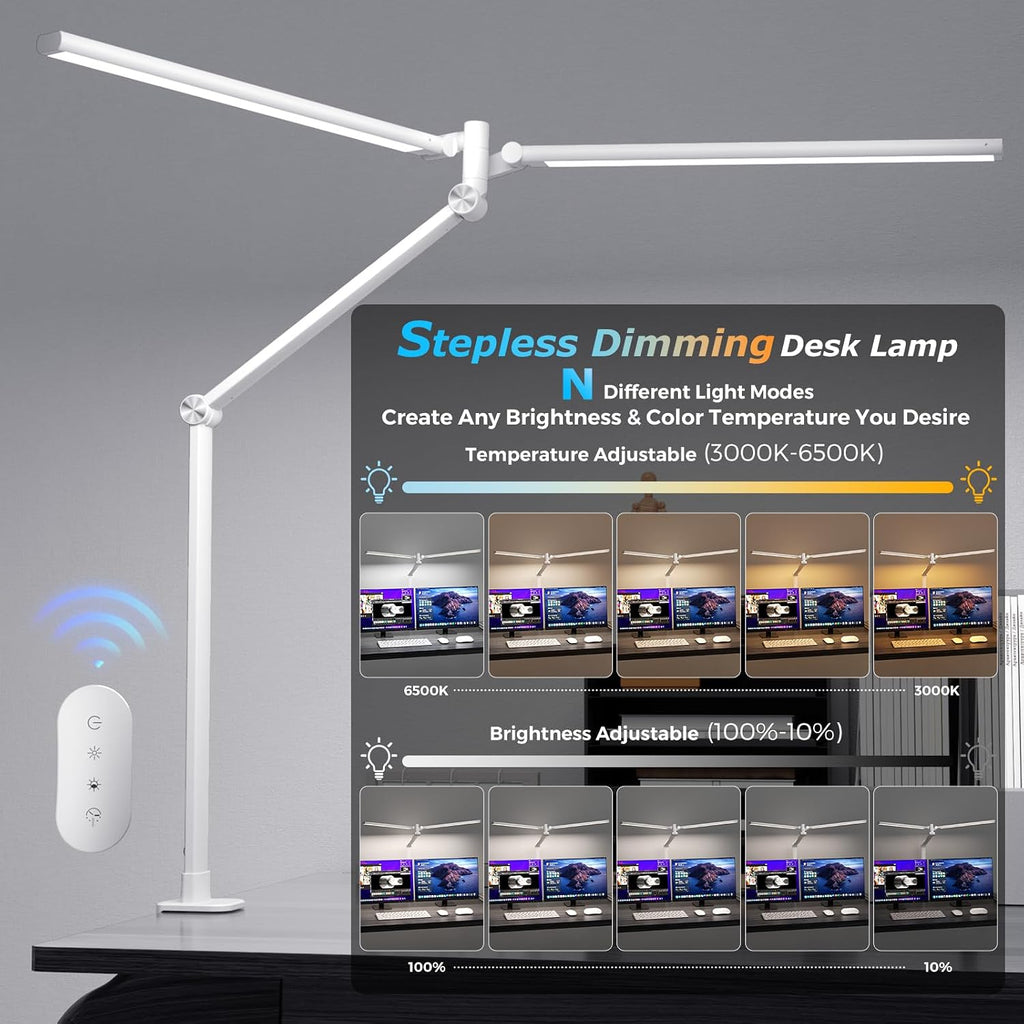 LED Desk Lamp, Double Swing Arm Wide Lighting Area Desk Lamps for Home Office with Stepless Dimming, Eye-Caring Architect Desk Light with Clamp for Reading, Study, Workbench, Drafting(White)