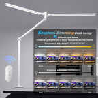 LED Desk Lamp, Double Swing Arm Wide Lighting Area Desk Lamps for Home Office with Stepless Dimming, Eye-Caring Architect Desk Light with Clamp for Reading, Study, Workbench, Drafting(White)