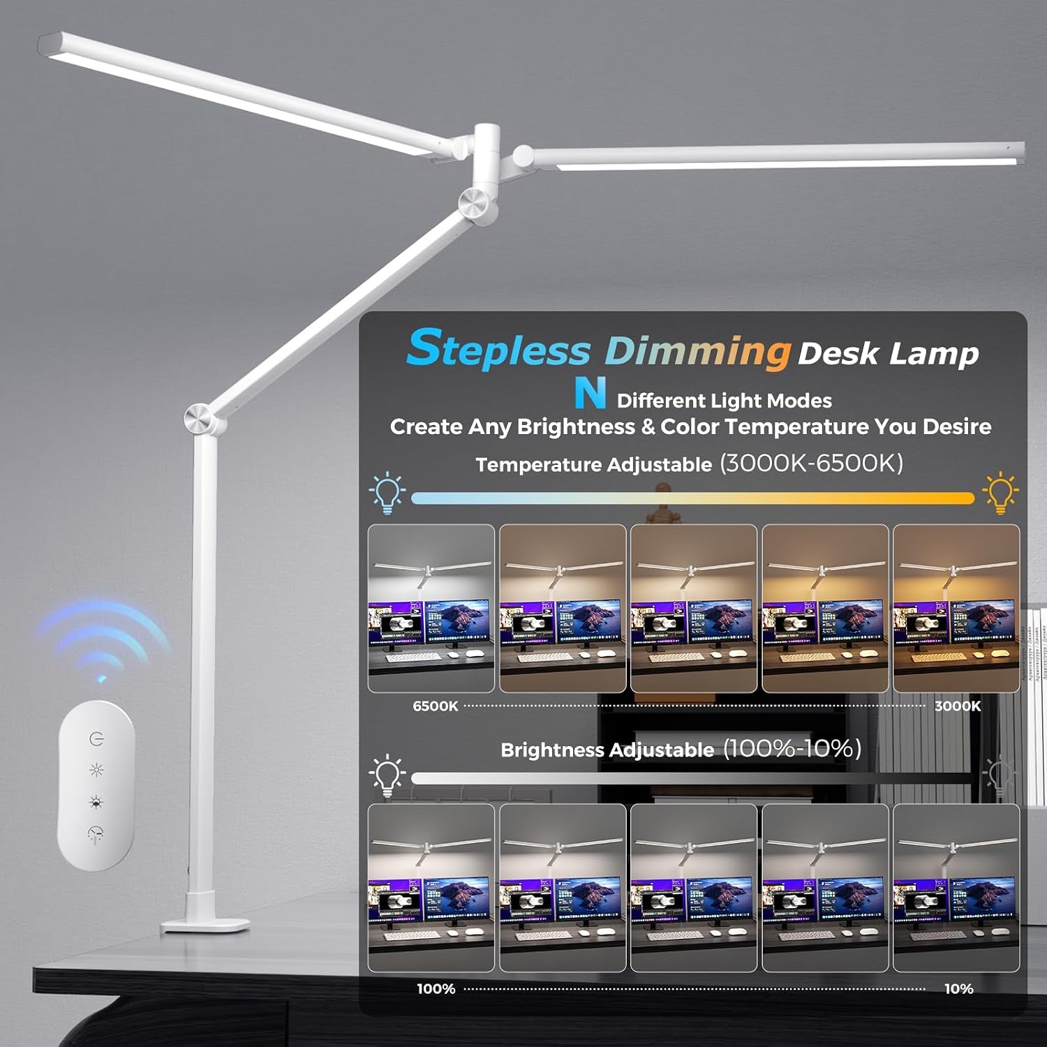 LED Desk Lamp, Double Swing Arm Wide Lighting Area Desk Lamps for Home Office with Stepless Dimming, Eye-Caring Architect Desk Light with Clamp for Reading, Study, Workbench, Drafting(White)