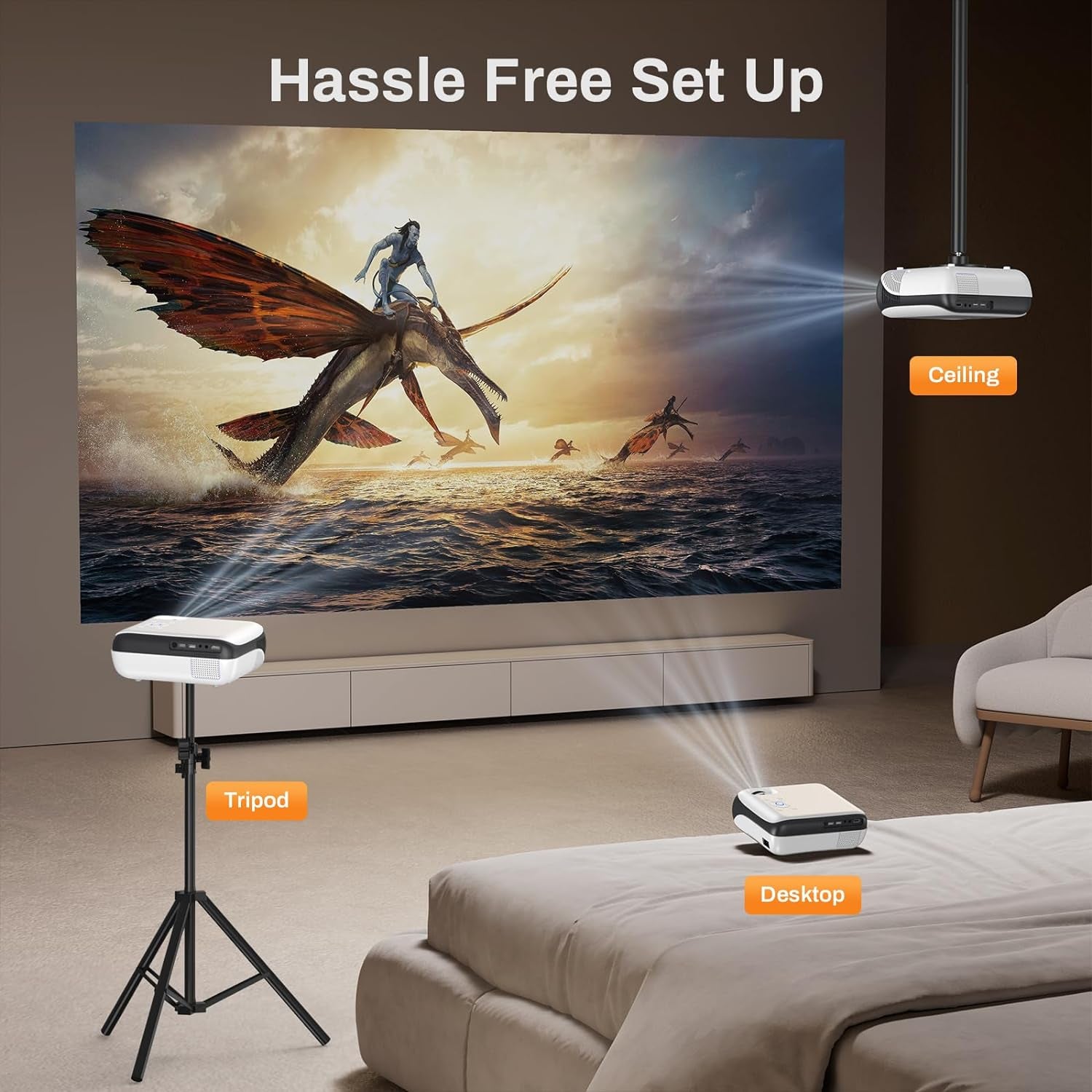 Projector, Native 1080P Bluetooth Projector with 100" Screen, Portable Outdoor Movie Projector, Mini Projector for Home Bedroom, Compatible with Smartphone,Hdmi,Usb,Av,Fire Stick,Ps5