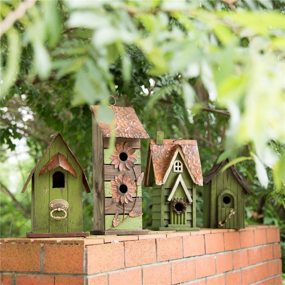 12" H Green Hanging Distressed Solid Wood Garden Bird House Decorative Birdhouse