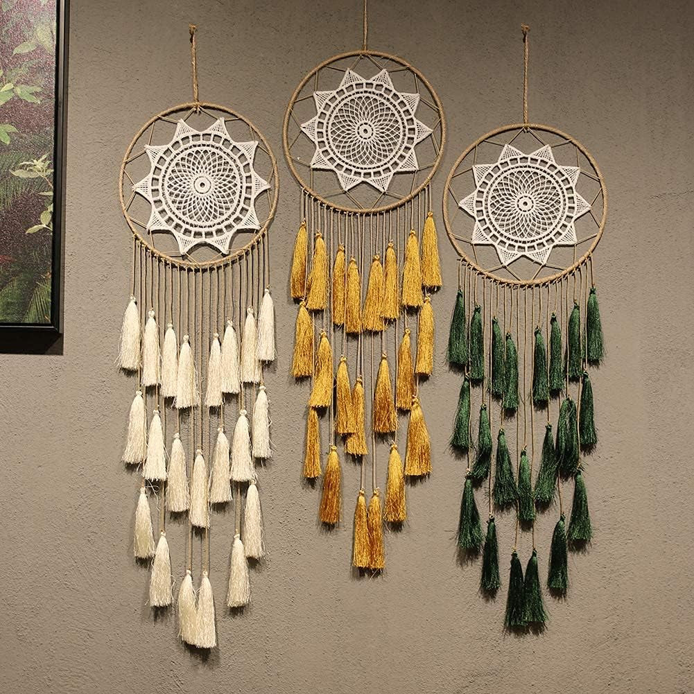 Macrame Dream Catcher Wall Hanging, Beige Large Boho Bedroom Decor | Handmade Tassel Feather Ornament, Natural Cotton, Modern Chic Living Room Nursery Art Decor, Blessing Gift for Women Girls