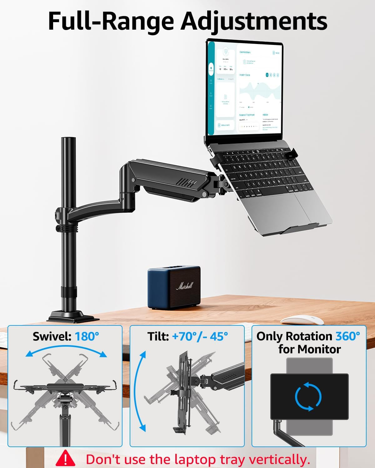 Laptop Desk Mount, Adjustable Laptop Stand for Max 17" Notebook or 32" Monitor, Laptops Arm Mount for Desk Holds 4.4-22Lbs, Tall Laptops Stand with Clamp/Grommet