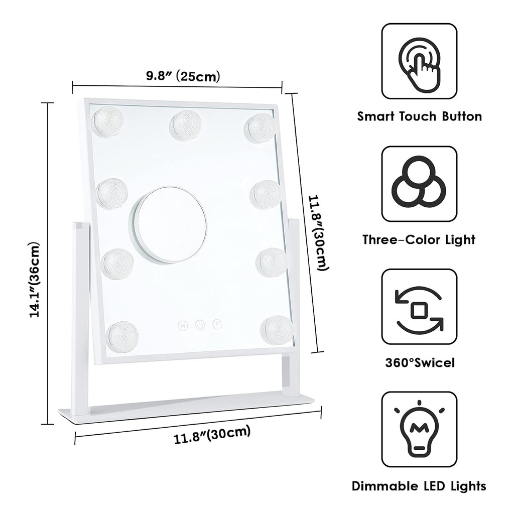 Vanity Mirror with Lights, Makeup Mirror with 9 LED Diamond Bulbs | Hollywood Mirror Touch Control Design 3 Colors Dimmable Bulbs Detachable 10X Magnification 360°Rotation