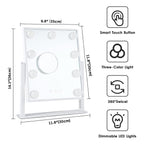 Vanity Mirror with Lights, Makeup Mirror with 9 LED Diamond Bulbs | Hollywood Mirror Touch Control Design 3 Colors Dimmable Bulbs Detachable 10X Magnification 360°Rotation