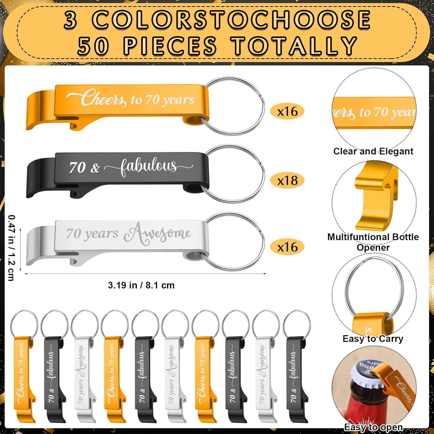 50 Sets 70Th Birthday Party Favors for Guests Include Birthday Beer Opener Keychain Cheers to 70 Bottle Opener Keychain with Thank You Cards and Gift Bag for Party Wedding Gifts