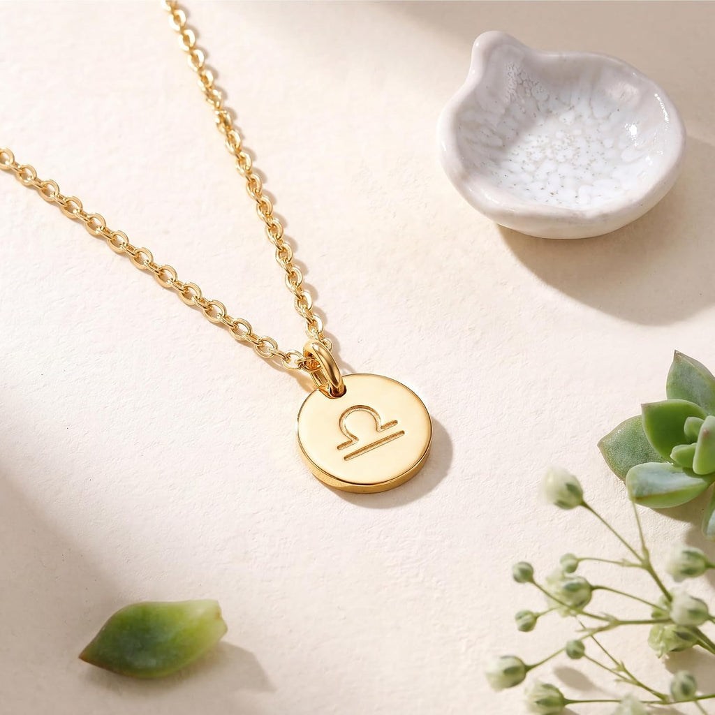 Constellation Necklace Pendant 14K Gold-Plated Hammered round Disc Engraved Zodiac Sign Pendant 17.5’’ Adjustable Dainty Necklace