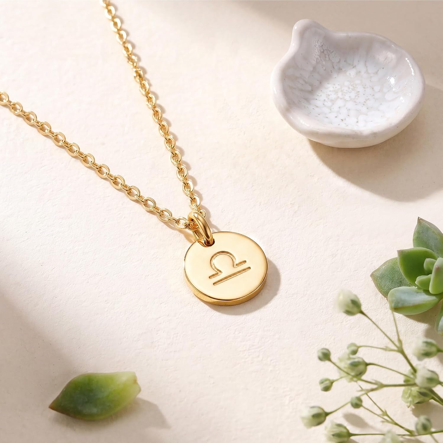 Constellation Necklace Pendant 14K Gold-Plated Hammered round Disc Engraved Zodiac Sign Pendant 17.5’’ Adjustable Dainty Necklace