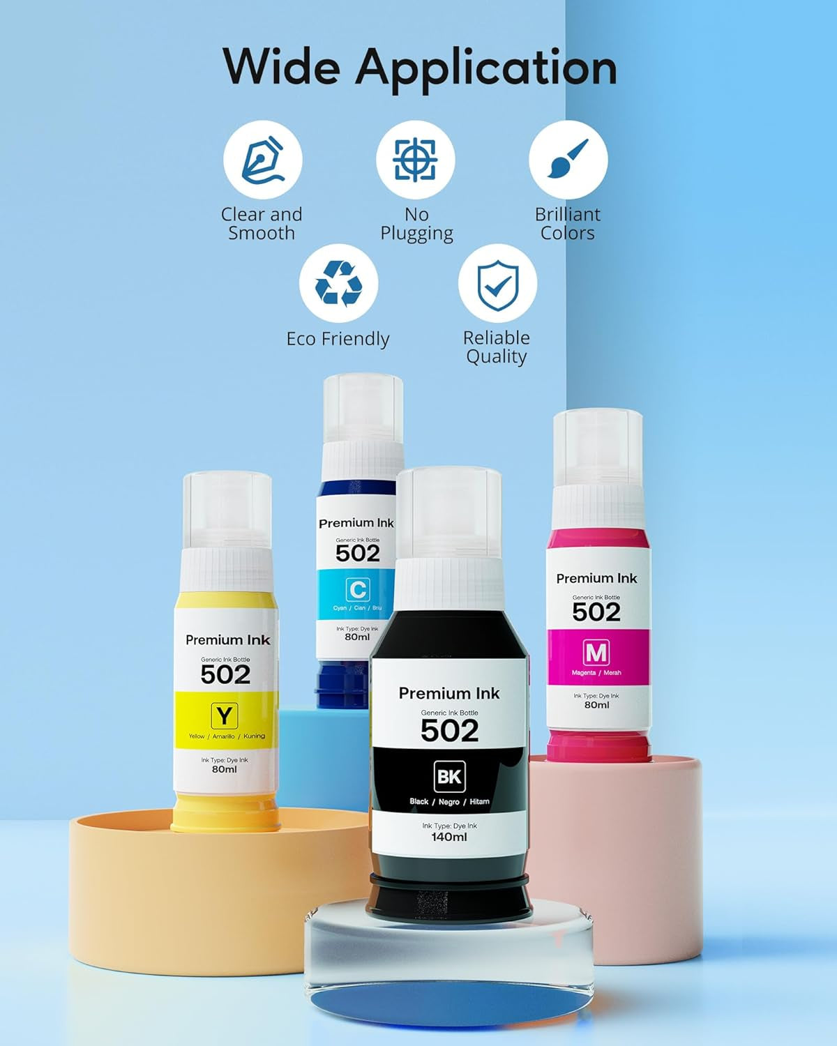Refill Ink Bottle Replacement for Epson 502, 2 Black,Cyan,Magenta,Yellow, 5 Bottles