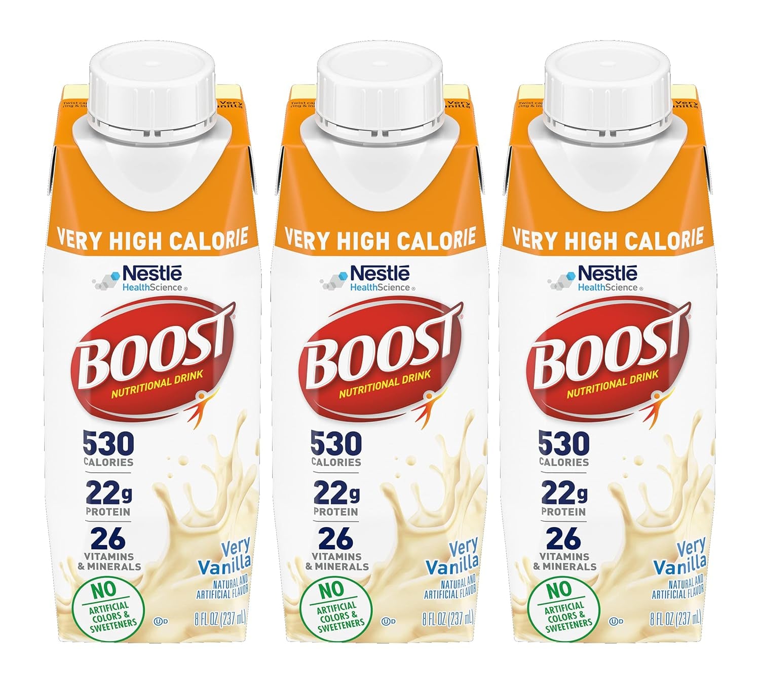 Very High Calorie Nutritional Drink Very Vanilla, Made with Natural Vanilla Flavor & No Artificial Flavors, Colors & Sweeteners, 8 FL OZ (Pack of 3)