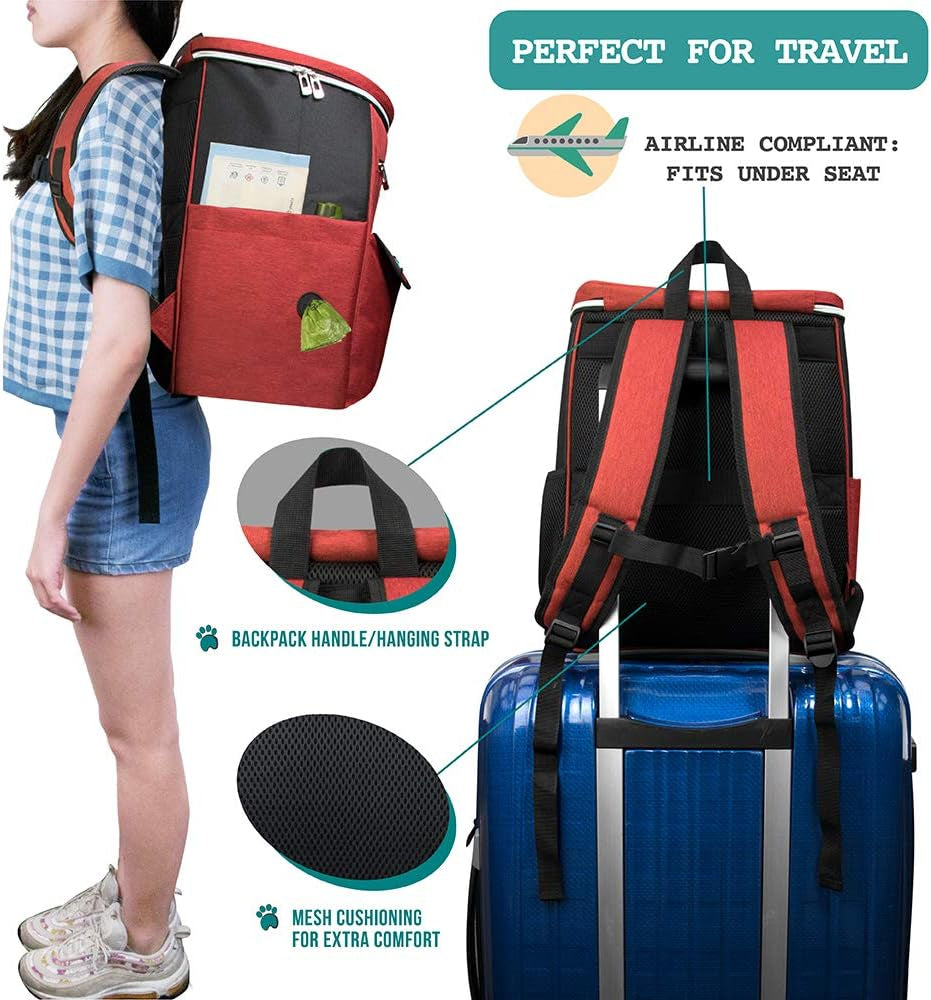 Dog Travel Backpack 27L Airline Approved Pet Supplies Bag, Red | Cat Traveling Suitcase Organizer for Weekend Road Trip Camping; 2 Food Containers, 2 Collapsible Bowls & Poop Bag Dispenser