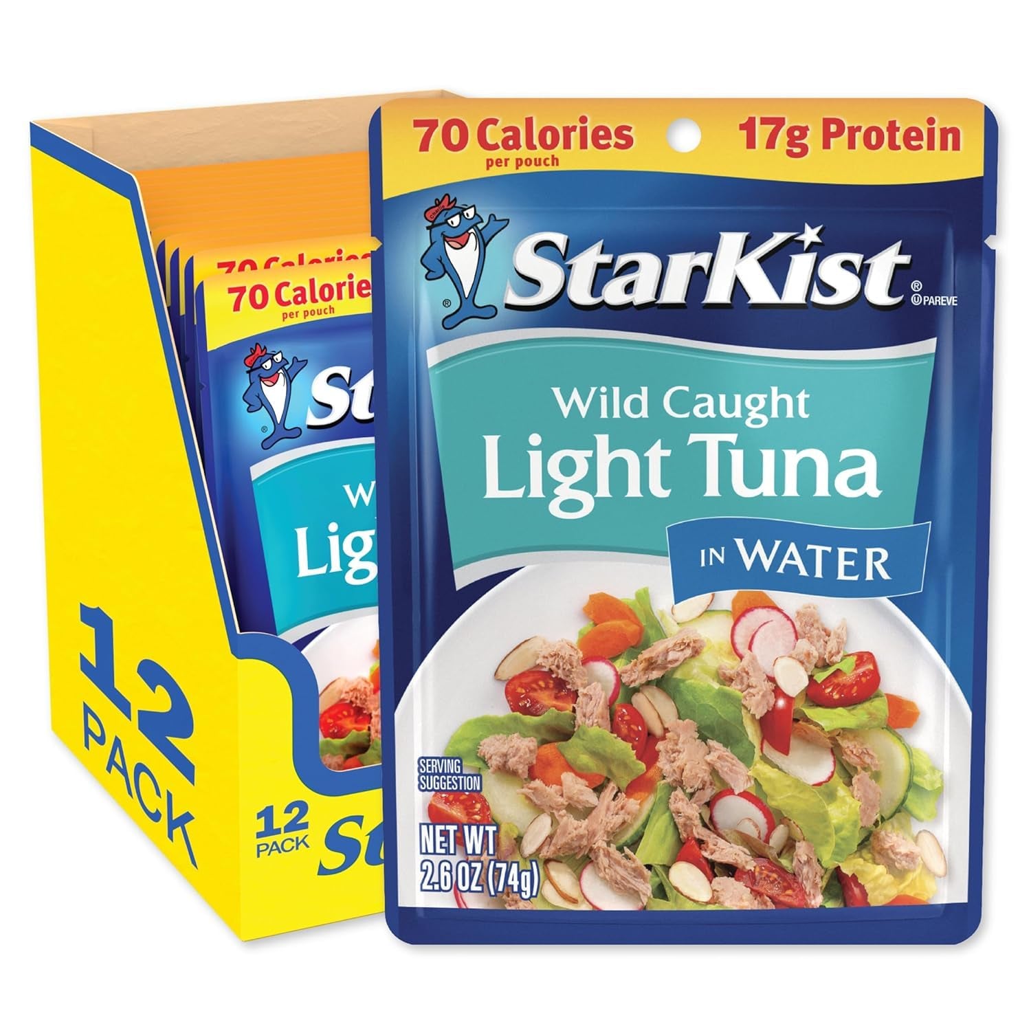 Chunk Light Tuna in Water, 2.6 Oz Pouch (12 Pack) Ready to Eat Wild Caught Tuna, 17G Protein, 70 Calories per Serving, Gluten Free, Soy Free, Kosher, Perfect for Salads, Keto Meals and Snacks