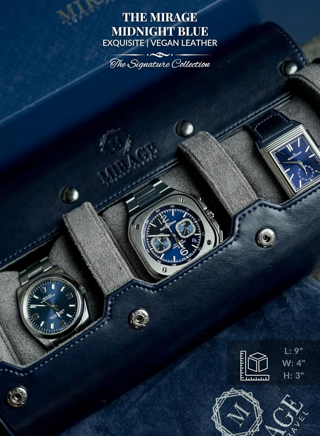Watch Case Travel Organizer - Watch Roll Case - 3 Watch Case Display Storage - Watches Accessory Gift - Midnight Blue Leather