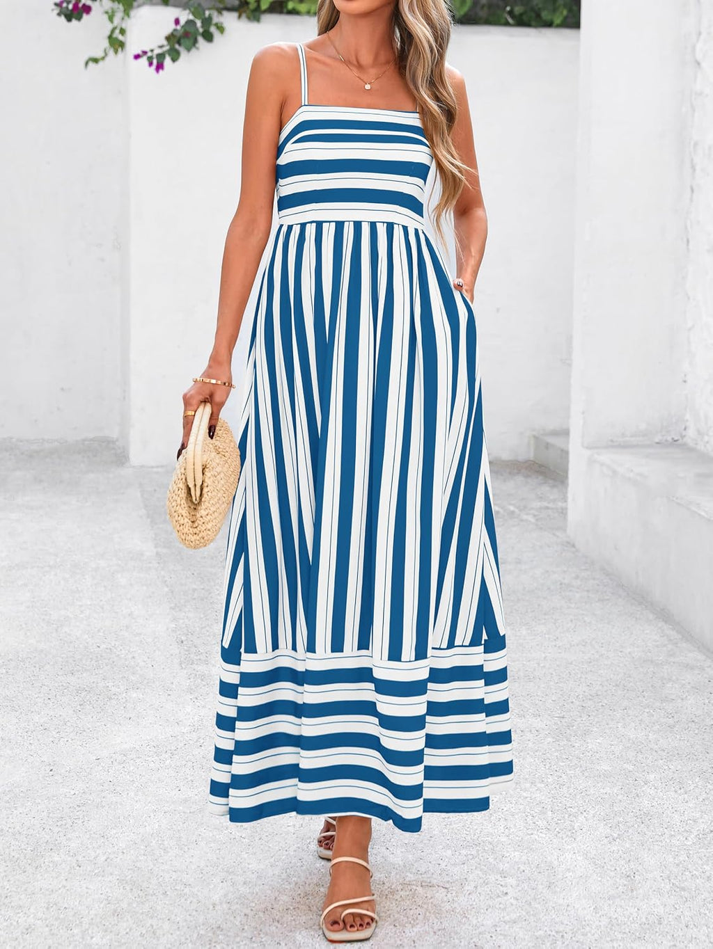 Womens Boho Floral Striped Summer Maxi Dresses Spaghetti Strap | Summer 2026 Wedding Guest Beach Vacation Flowy Long Dress, Casual Square Neck Tiered Dress, Empire Waist a Line Dress Pockets