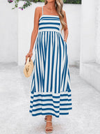 Womens Boho Floral Striped Summer Maxi Dresses Spaghetti Strap | Summer 2026 Wedding Guest Beach Vacation Flowy Long Dress, Casual Square Neck Tiered Dress, Empire Waist a Line Dress Pockets