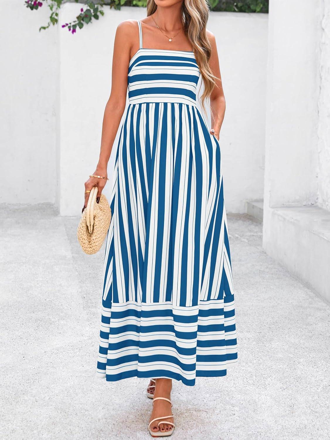 Womens Boho Floral Striped Summer Maxi Dresses Spaghetti Strap | Summer 2026 Wedding Guest Beach Vacation Flowy Long Dress, Casual Square Neck Tiered Dress, Empire Waist a Line Dress Pockets