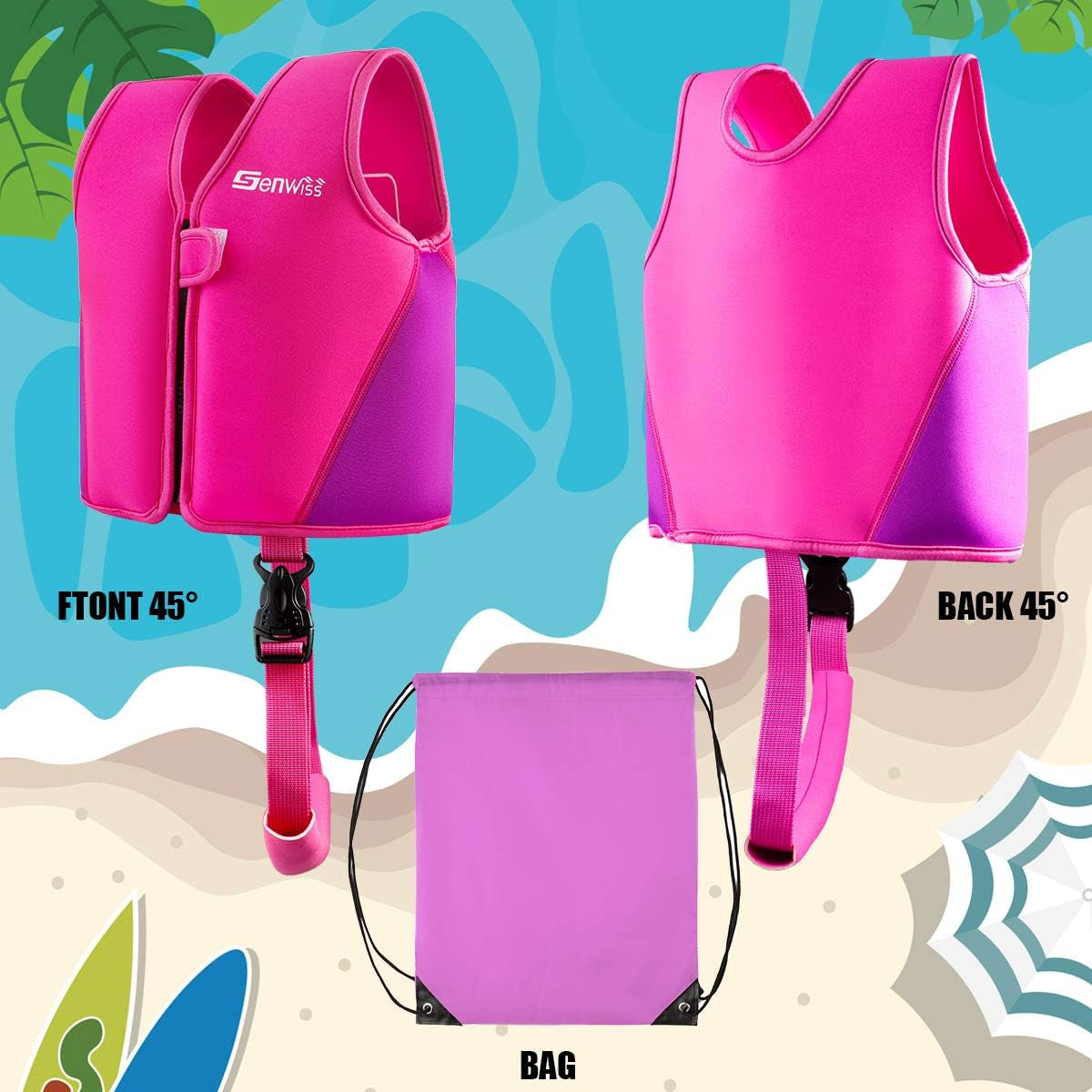 Baby Swim Vest for Toddlers 18 Months to 7 Years - Neoprene Swim Float Vest with Front Zipper, Swim Training Vest for Boys & Girls Learning to Swim in Pool, Blue Pink Small Medium Large