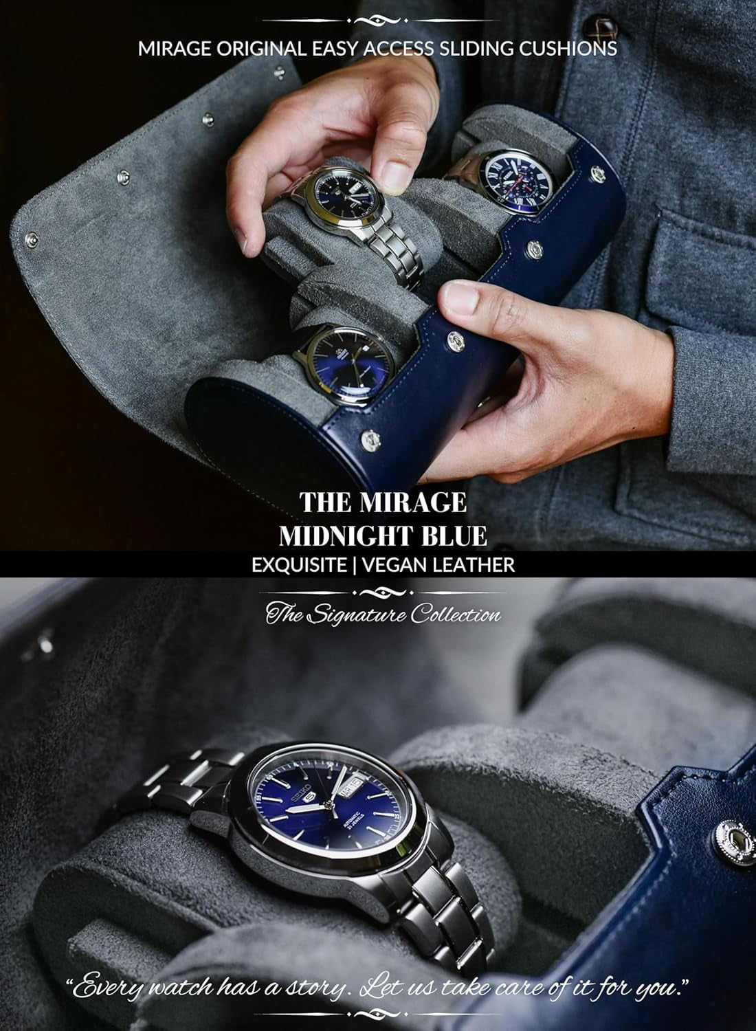 Watch Case Travel Organizer - Watch Roll Case - 3 Watch Case Display Storage - Watches Accessory Gift - Midnight Blue Leather