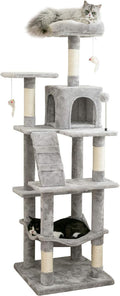63.8 Inches Multi-Level Cat Tree for Large Cats with Sisal-Covered Scratching Posts, Padded Platform, Hammock and Condo,Stable Cat Tower Cat Condo Pet Play House-Light Gray