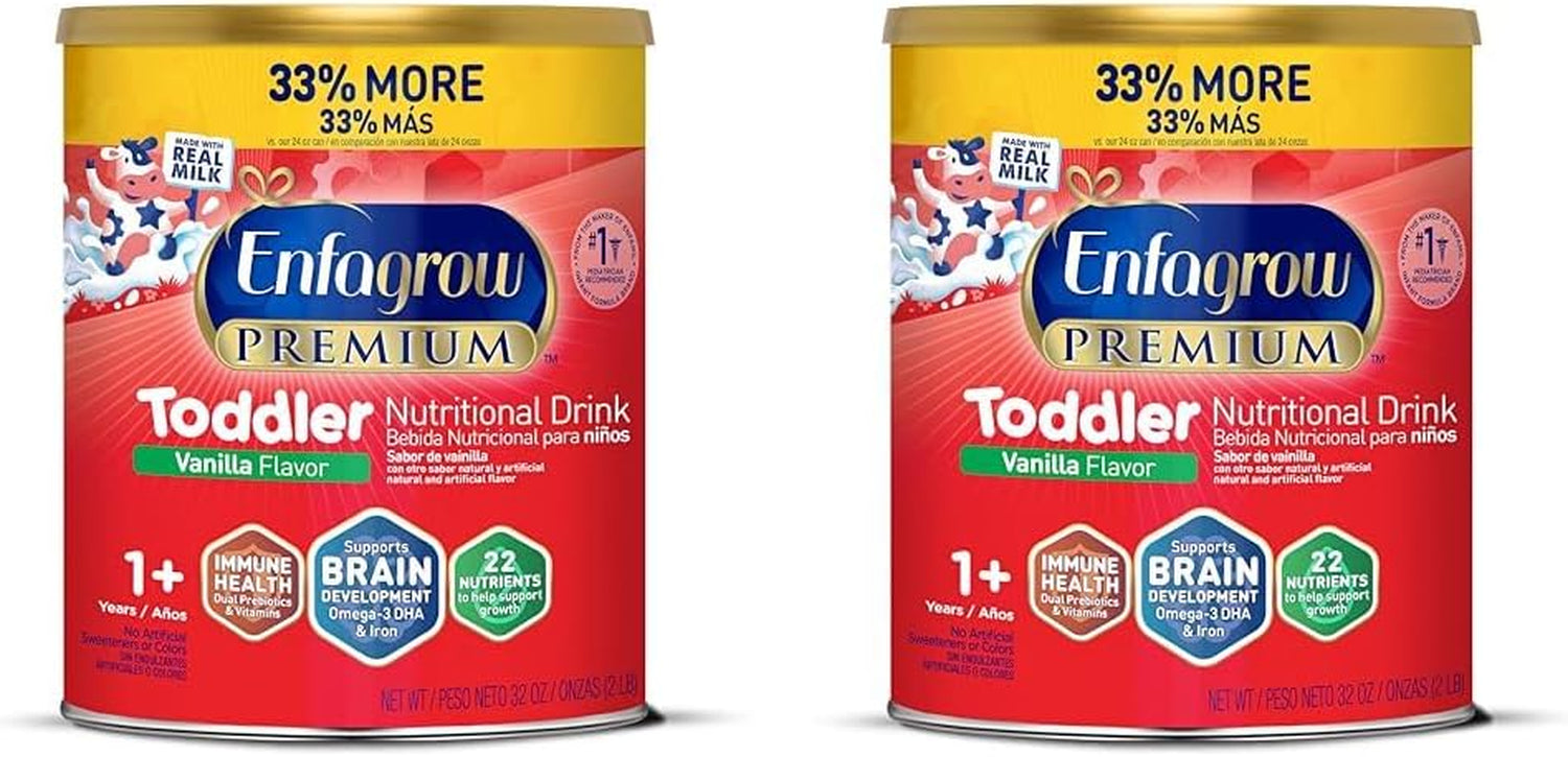 Premium Toddler Nutritional Drink, Natural Vanilla Flavor, Omega-3 DHA for Brain Support, Prebiotics & Vitamins for Immune Health, Non-Gmo, Powder Can, 32 Oz (Pack of 2)