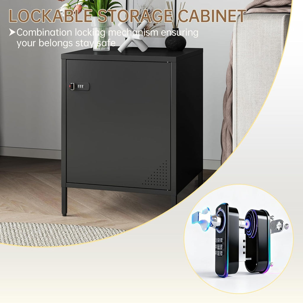 Metal Lockable Nightstand, Single Door Locker Metal End Table Small Bedside Storage Cabinet for Living Room, Bedroom, Dorm, 21.26”H X 15.75”W X 15.75”D (1 Door, Black)