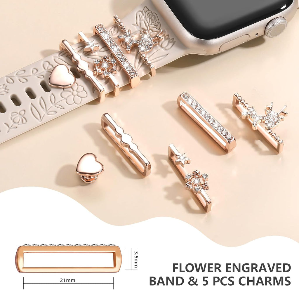 Flower Engraved Band Compatible with Apple Watch Bands for Women 40Mm 38Mm 41Mm 42Mm, Soft Silicone Strap with Dressy Decorative Apple Watch Charms for Iwatch Series 11 10 9 8 7 6 5 4 3 2 1 SE