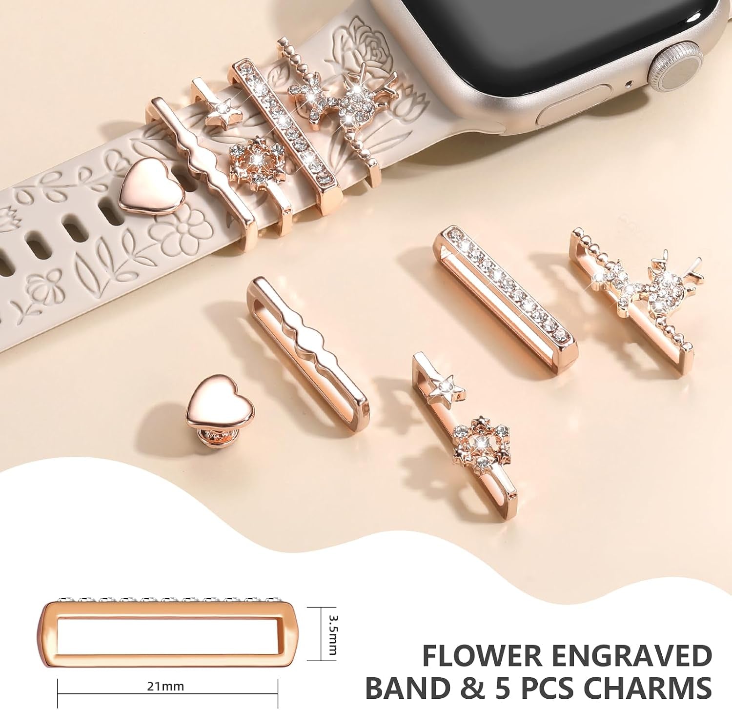 Flower Engraved Band Compatible with Apple Watch Bands for Women 40Mm 38Mm 41Mm 42Mm, Soft Silicone Strap with Dressy Decorative Apple Watch Charms for Iwatch Series 11 10 9 8 7 6 5 4 3 2 1 SE