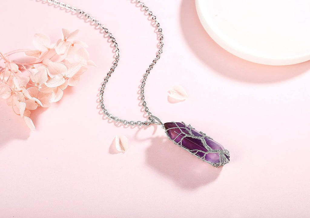 Tree of Life Wire Wrapped Natural Spiritual Hexagonal Gemstone Quartz Necklace Amethyst Reiki Healing Crystal Stone Point Pendant Necklaces Jewelry for Women