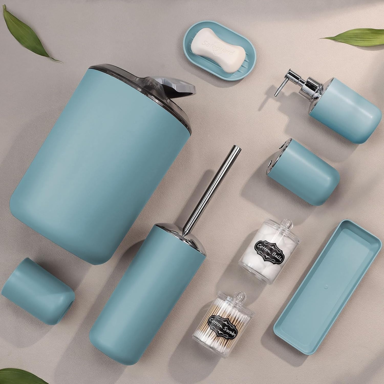 Bathroom Accessories Set,Blue Bathroom Set,9 Pieces Bathroom Accessory Set,Tray,Qtip Holders,Toilet Brush,Trash Can for Bathroom Décor and Home Gifts