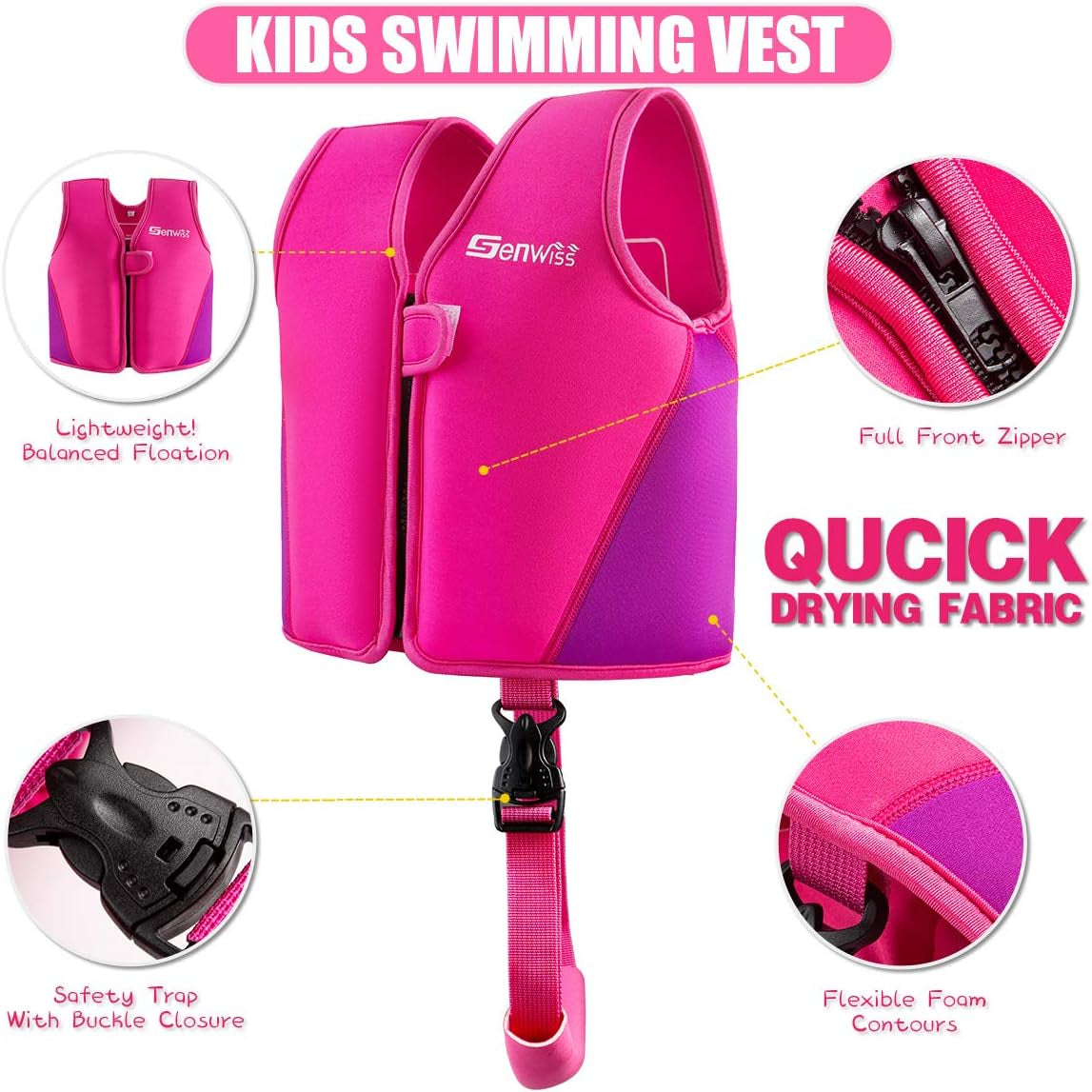 Baby Swim Vest for Toddlers 18 Months to 7 Years - Neoprene Swim Float Vest with Front Zipper, Swim Training Vest for Boys & Girls Learning to Swim in Pool, Blue Pink Small Medium Large