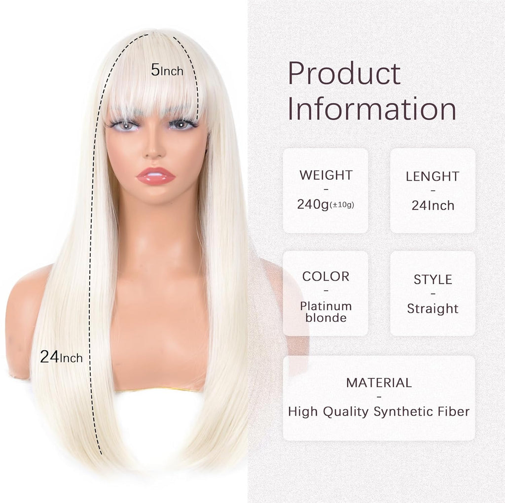 Platinum Blonde Wig with Bangs 24Inch Long Straight Wigs for Women | Natural Looking Synthetic Wig,Suitable for Daily Wear,Party,Halloween and Cosplay,Beginner-Friendly,Lightweight and Soft