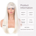 Platinum Blonde Wig with Bangs 24Inch Long Straight Wigs for Women | Natural Looking Synthetic Wig,Suitable for Daily Wear,Party,Halloween and Cosplay,Beginner-Friendly,Lightweight and Soft