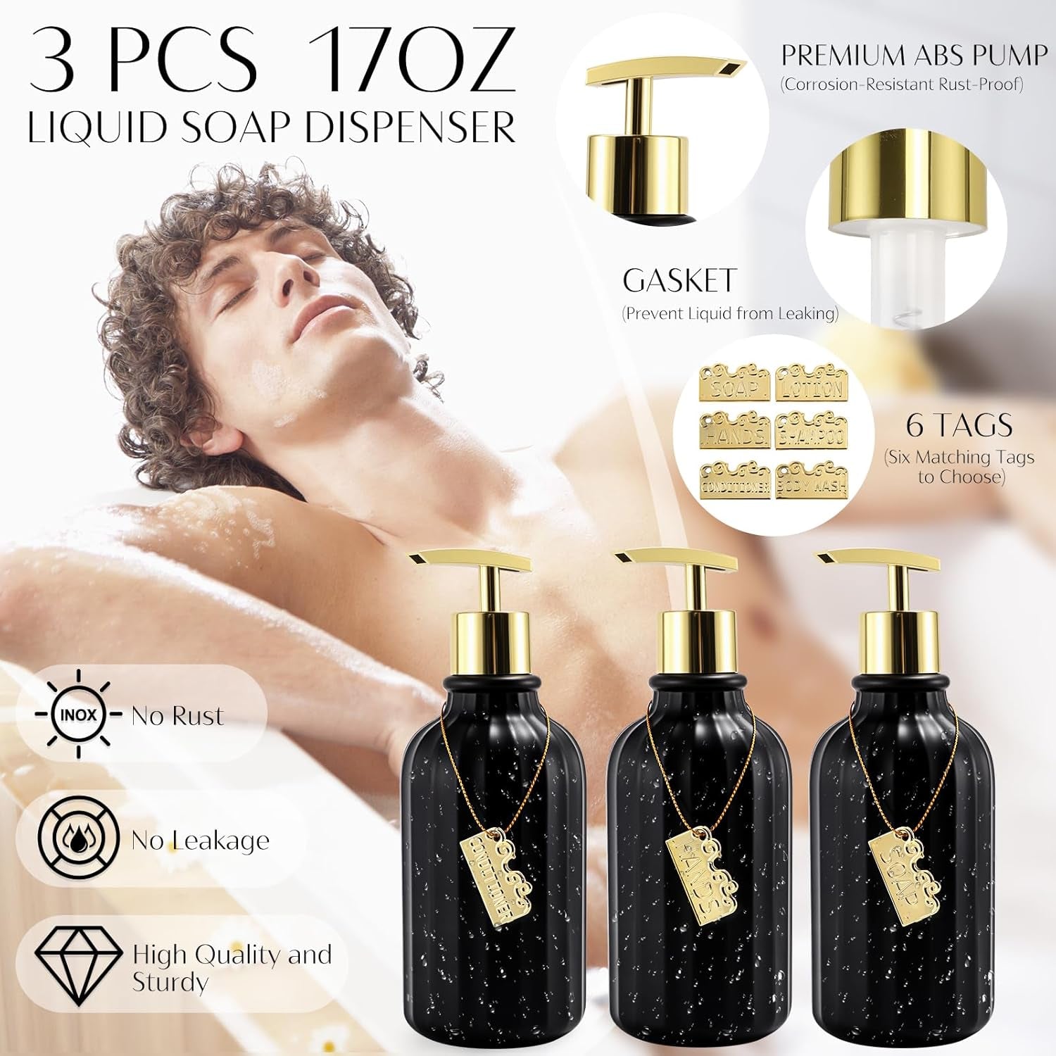 17PCS Bathroom Accessories Bathroom Set Black Bathroom Accessories,Toilet Brush, Trash Can, Qtip Holder Dispenser& 3PCS Soap Dispenser