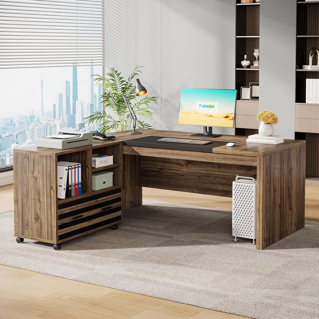 Tribesigns 62.2" Executive Desk with Mobile File Cabinet, L-Shaped Office Desk with Storage Shelves, Large Computer Desk Business Workstation Set for Home Office, Light Brown