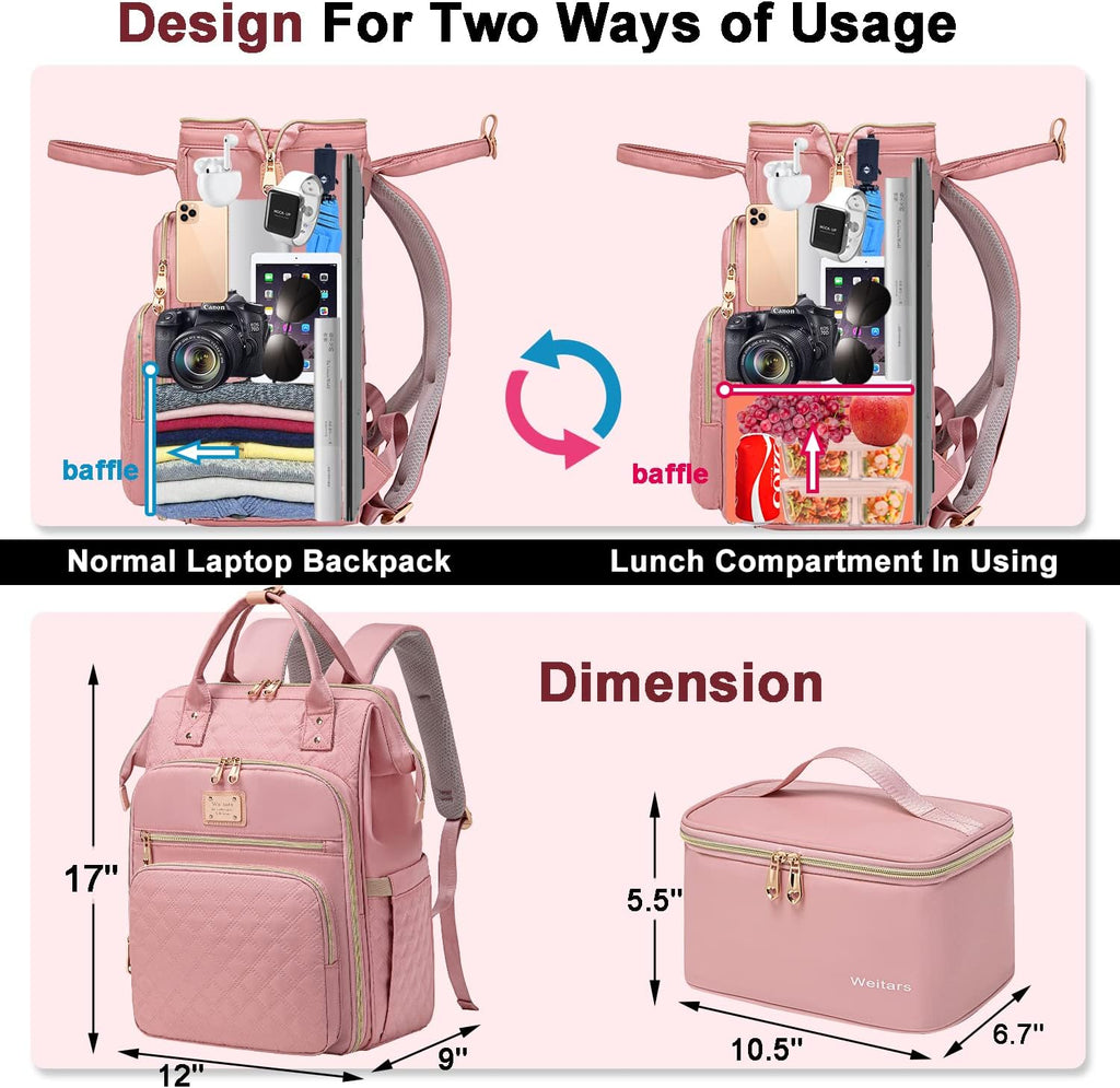 Lunch Backpack for Women,15.6 Inch Laptop Backpacks for Womens Back Pack, Travel Backpacks,Work Backpack for Women (Pink)