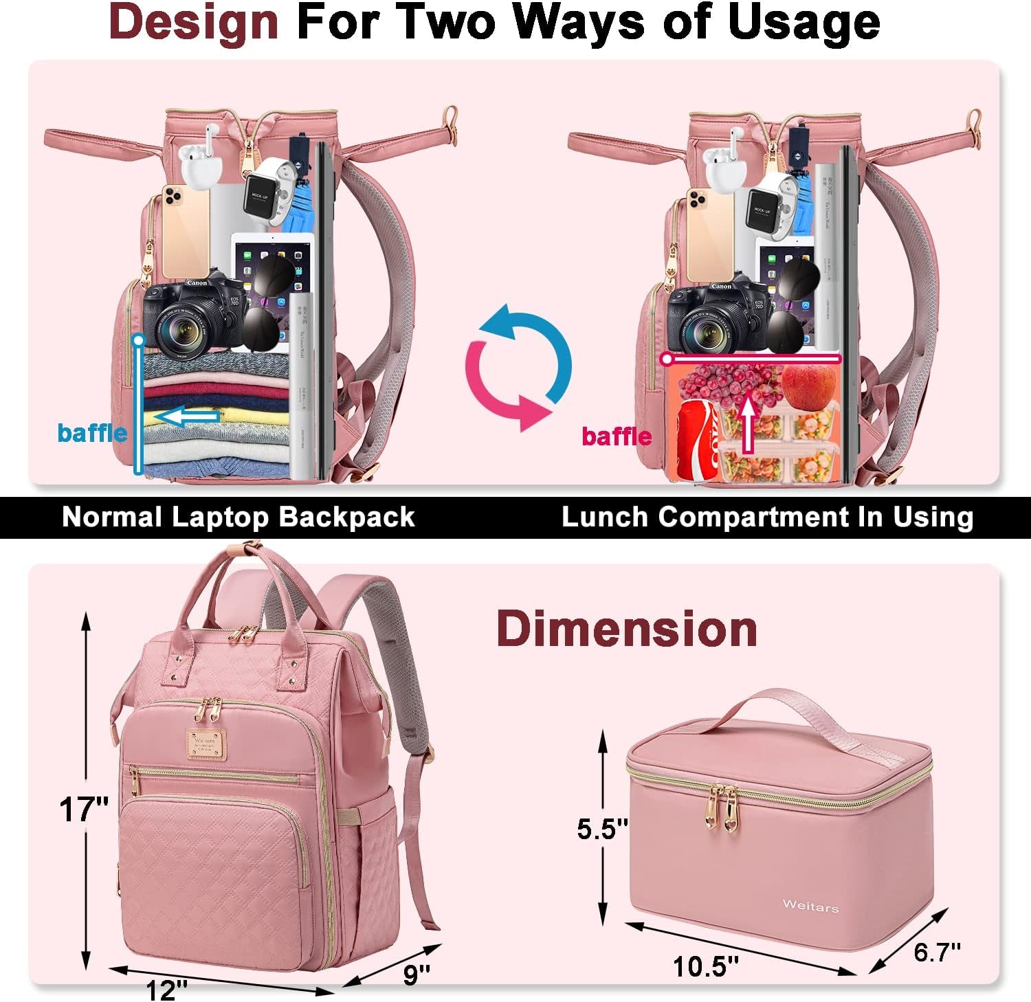 Lunch Backpack for Women,15.6 Inch Laptop Backpacks for Womens Back Pack, Travel Backpacks,Work Backpack for Women (Pink)
