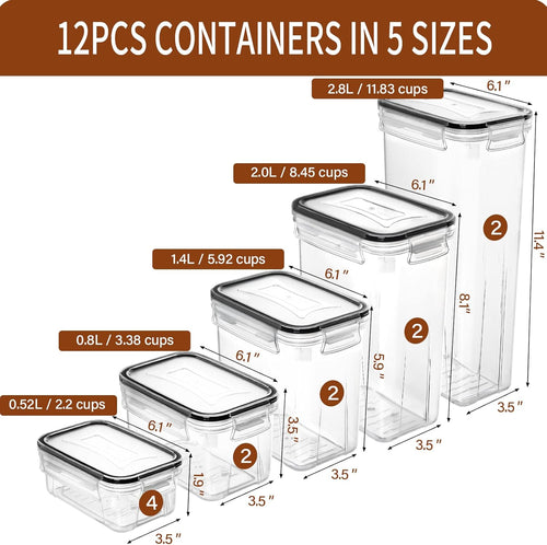 Airtight Food Storage Containers with Lids, 12PCS Plastic Kitchen Storage Containers for Pantry Organizers and Storage - Cereal, Rice, Flour and Sugar Containers with Labels & Marker