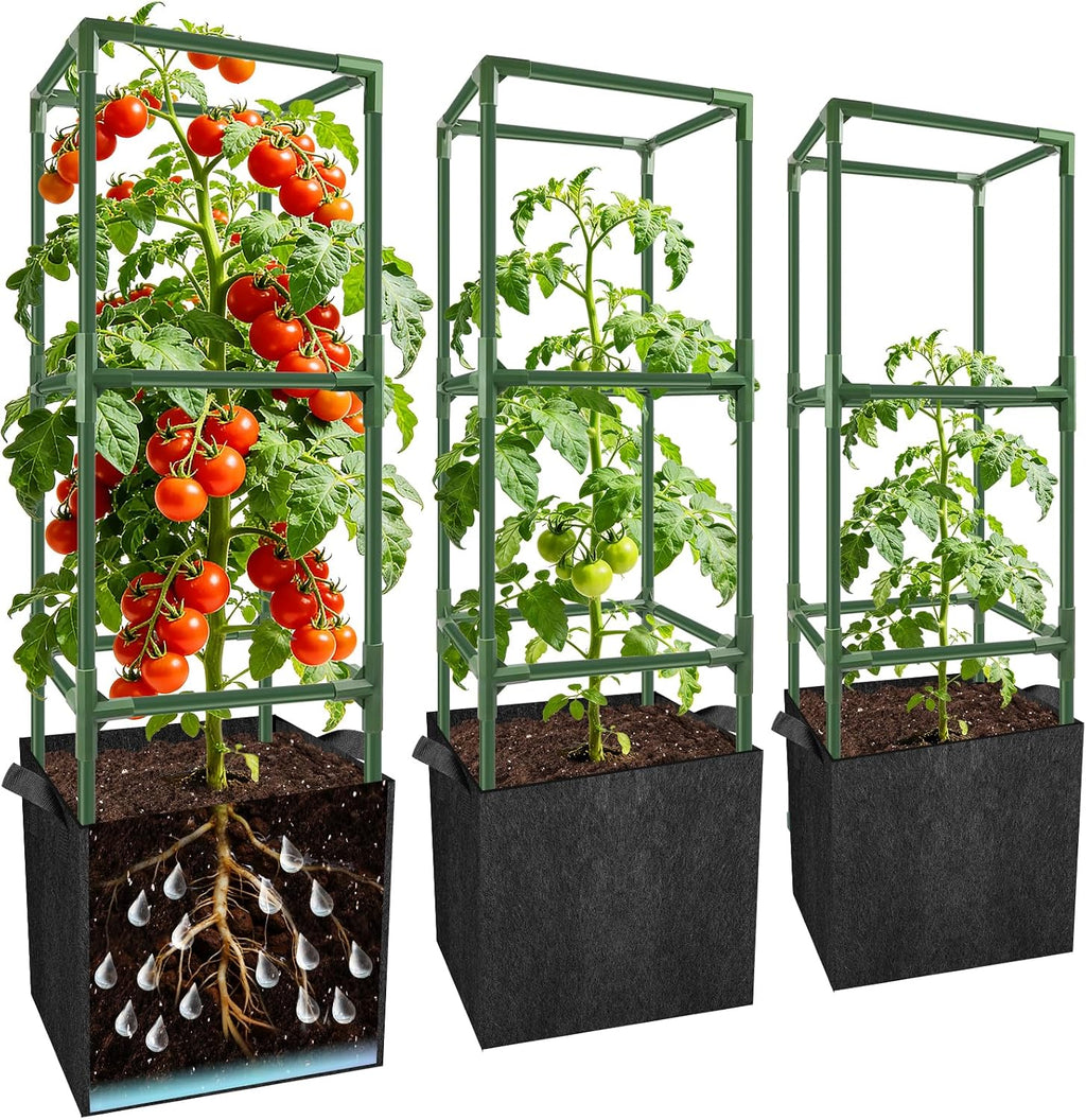 3 Sets 49'' Square Tomato Cages with 18-Gallon Grow Bags for Garden | Heavy-Duty Steel Trellis Kit, Support Towers with Stakes, for Tomatoes, Cucumbers, Peppers, Climbing Vegetables & Flowers