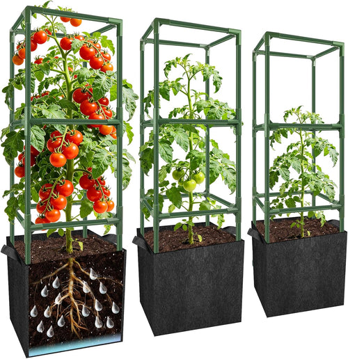3 Sets 49'' Square Tomato Cages with 18-Gallon Grow Bags for Garden | Heavy-Duty Steel Trellis Kit, Support Towers with Stakes, for Tomatoes, Cucumbers, Peppers, Climbing Vegetables & Flowers